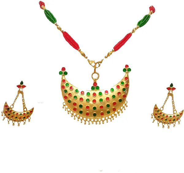 Assamese_Traditional_Gold_Plated_Red_Green_Joonbiri_Tassel_Jewellery_Set_For_Women
